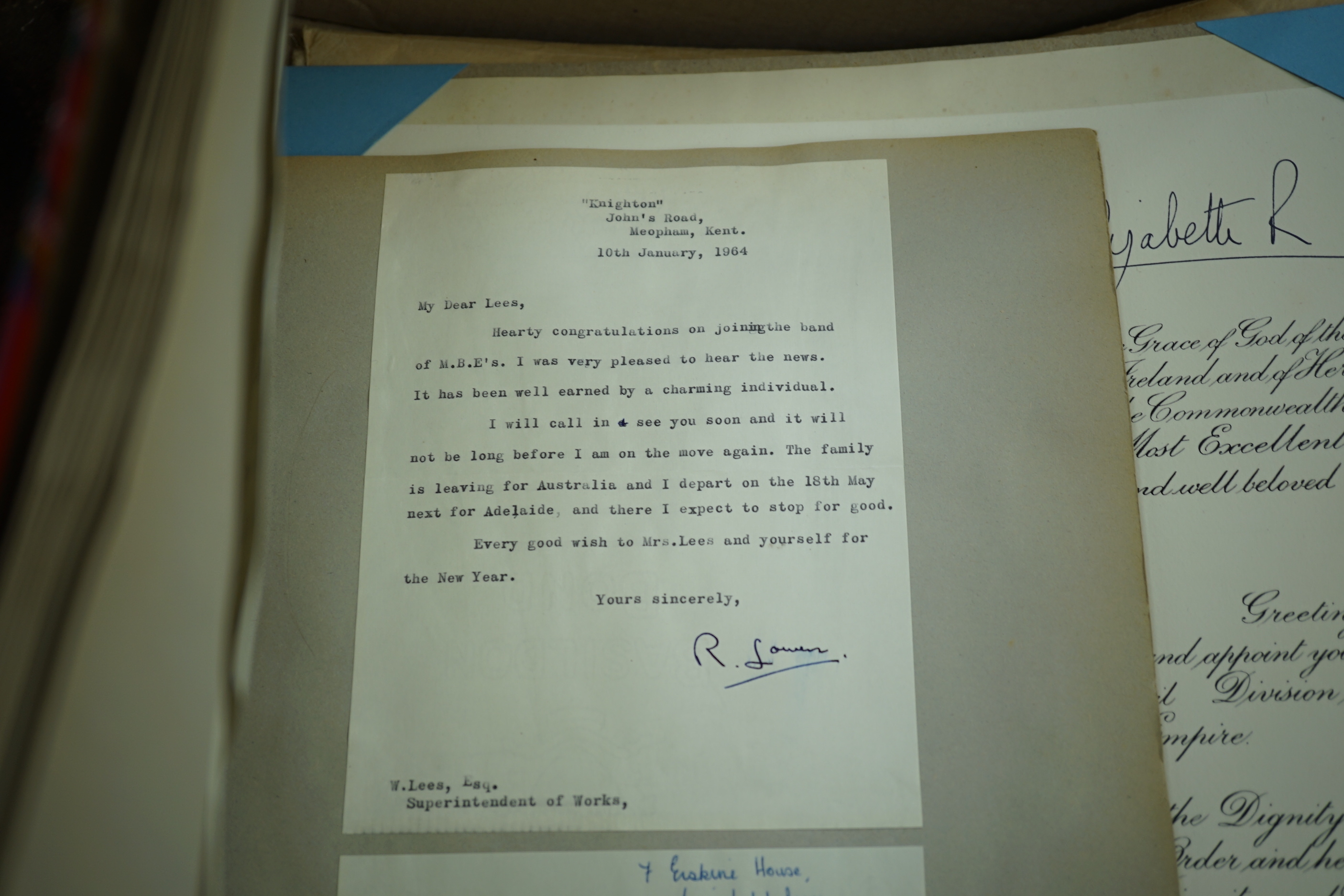 An MBE for Archibald Lees with miniature and an Imperial Service Medal for Thomas Lees, a silver coaster and silver match case with coronet over ‘E’ and ‘Holyrood 1925’ to reverse